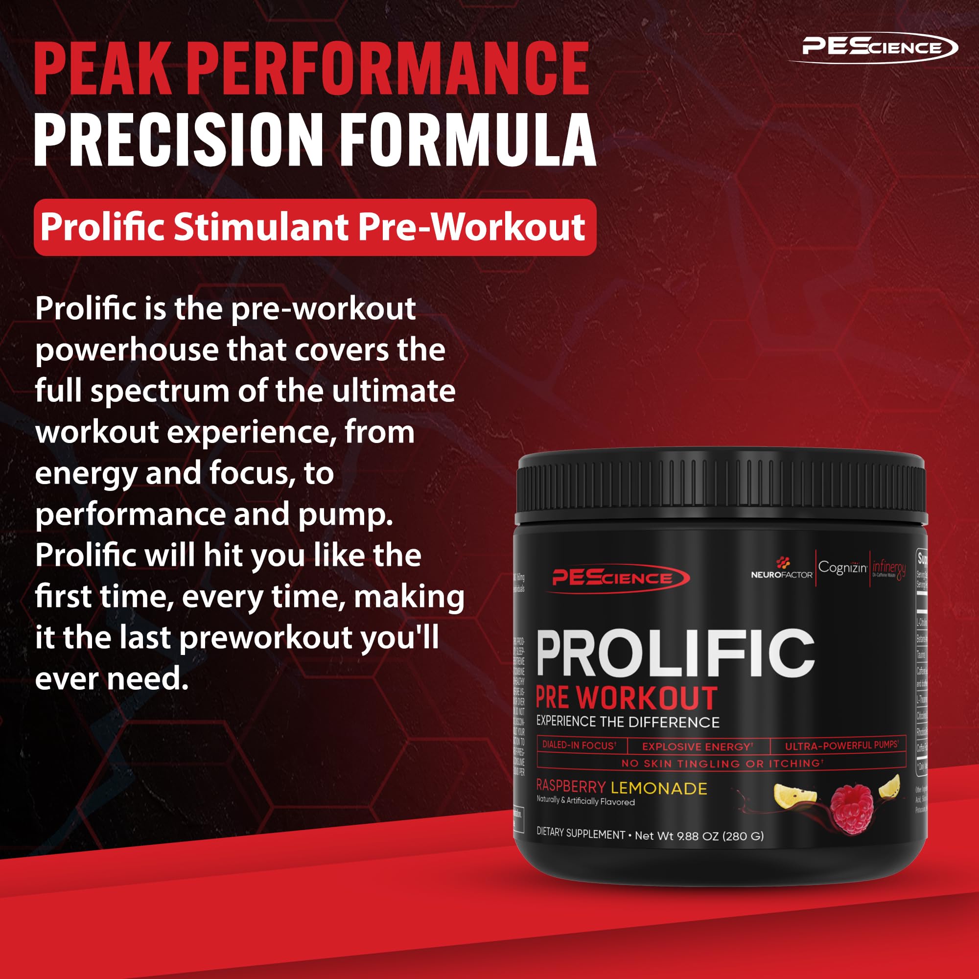 PEScience Prolific, dos fuentes de cafeína, energía limpia para sesiones intensas.