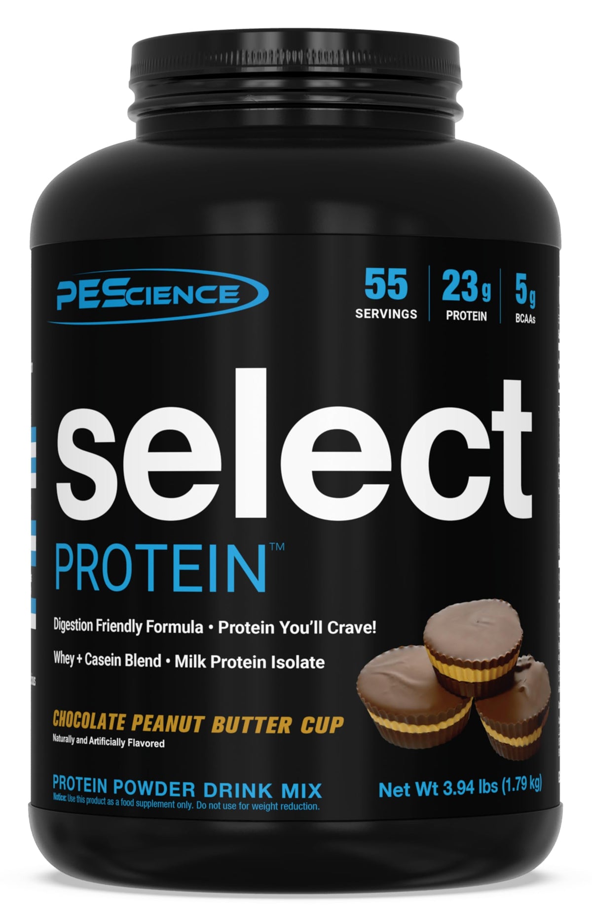 PEScience Select Protein, bote con sabor chocolate mantequilla de cacahuete, experiencia de sabor premium.