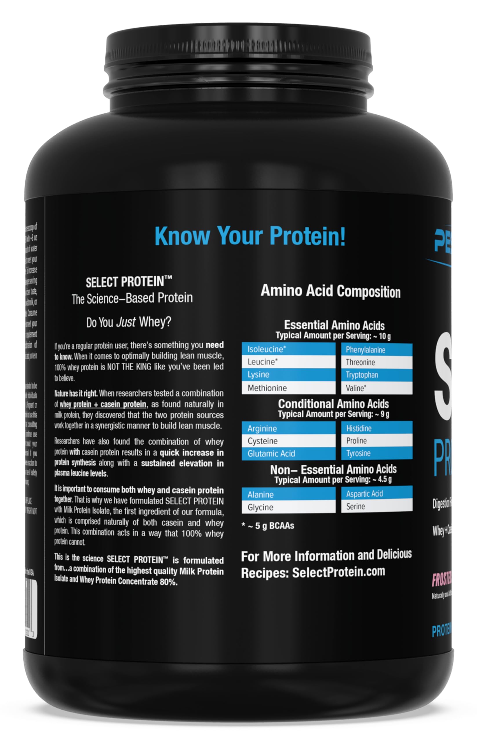 Envase de PEScience Select Protein con etiqueta clara y detalles de calidad