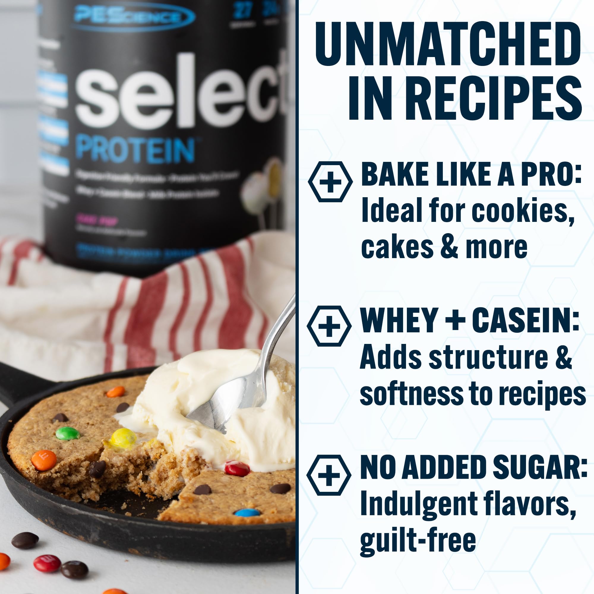 PEScience Select Protein destaca etiqueta Keto y Sin gluten para varias dietas.