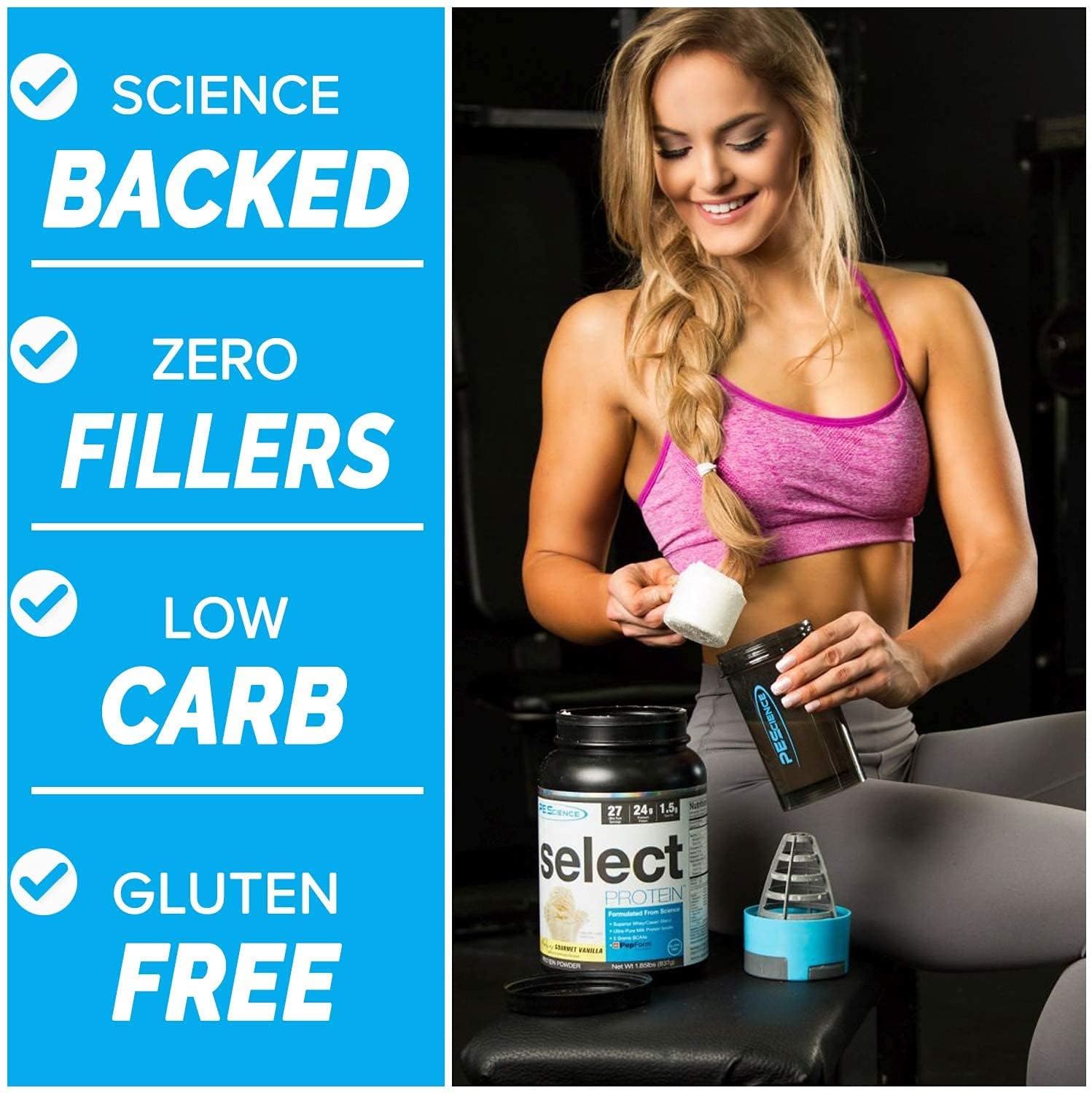 Etiqueta de PEScience Select, apta para dieta cetogénica y sin gluten para dietas.