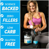 Etiqueta de PEScience Select, apta para dieta cetogénica y sin gluten para dietas.