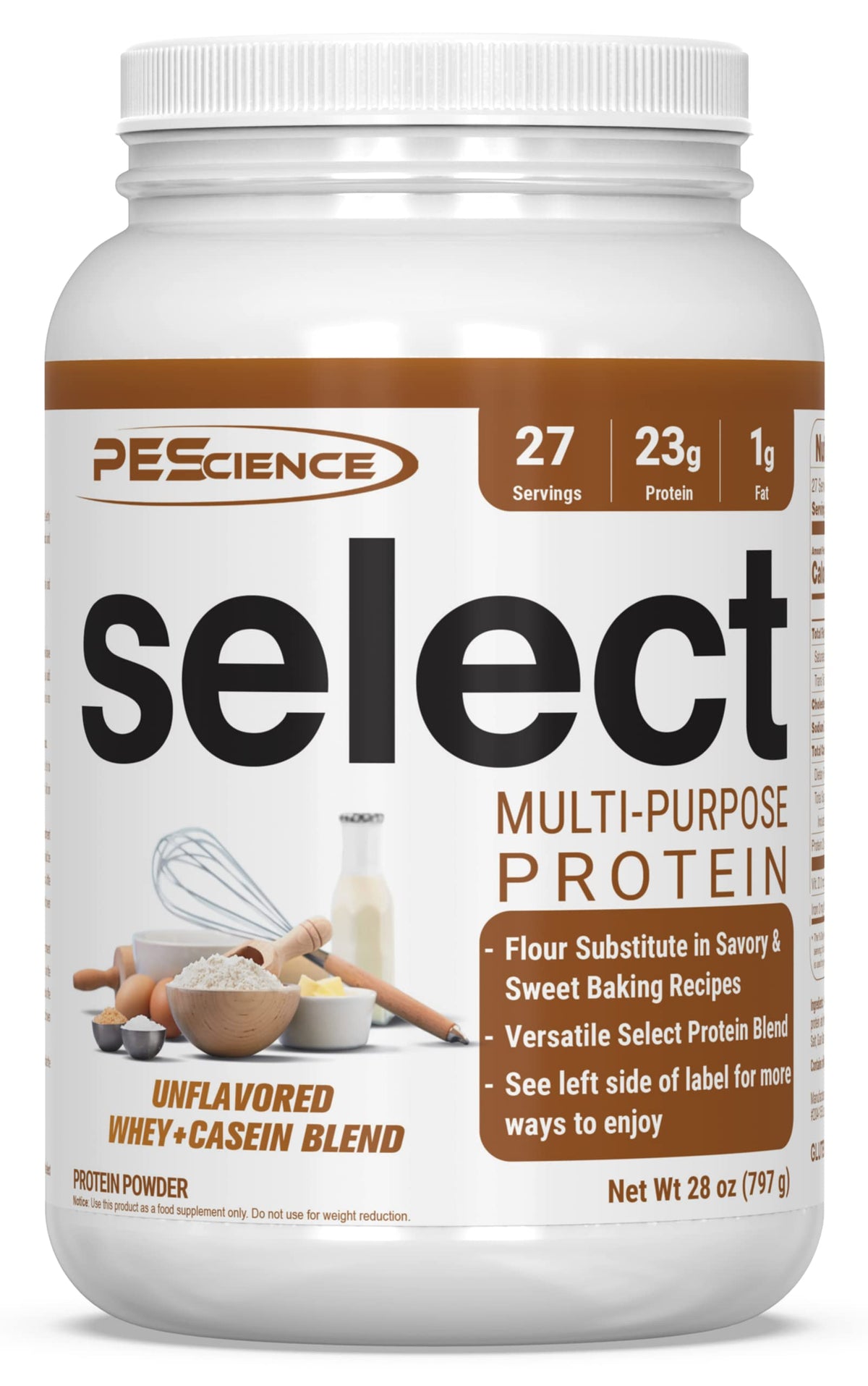 PEScience Select Protein Flour en envase destacado, base sin sabor para hornear saludable