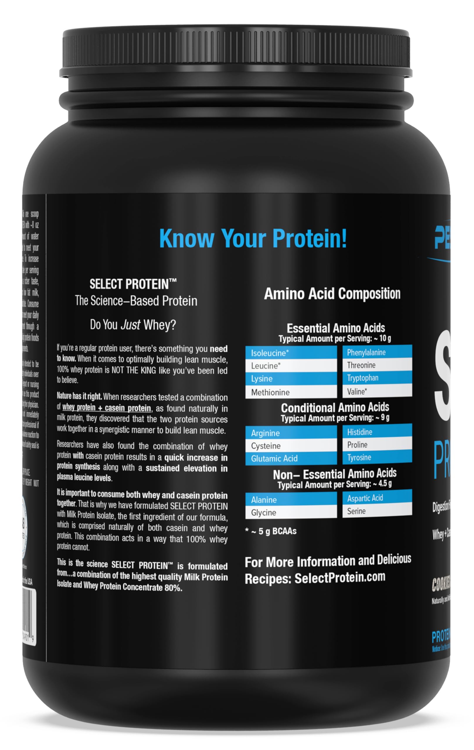 PEScience Select Protein, frasco cerrado, garantía de calidad y confianza para tus objetivos.