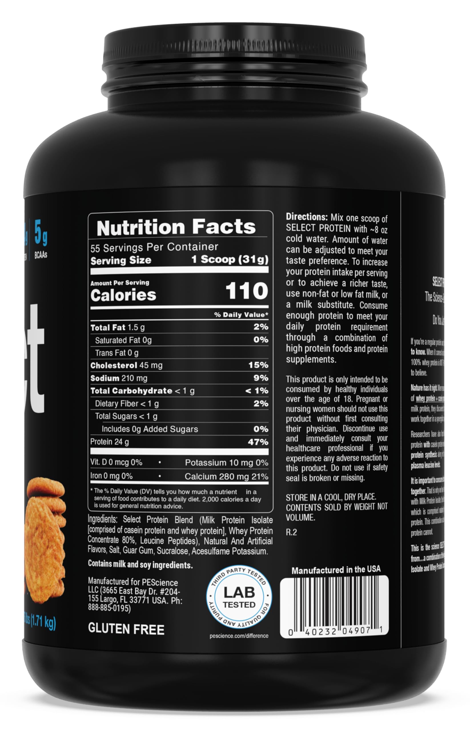 PEScience Select Protein jarra, sabor galleta canela para snack ligero.