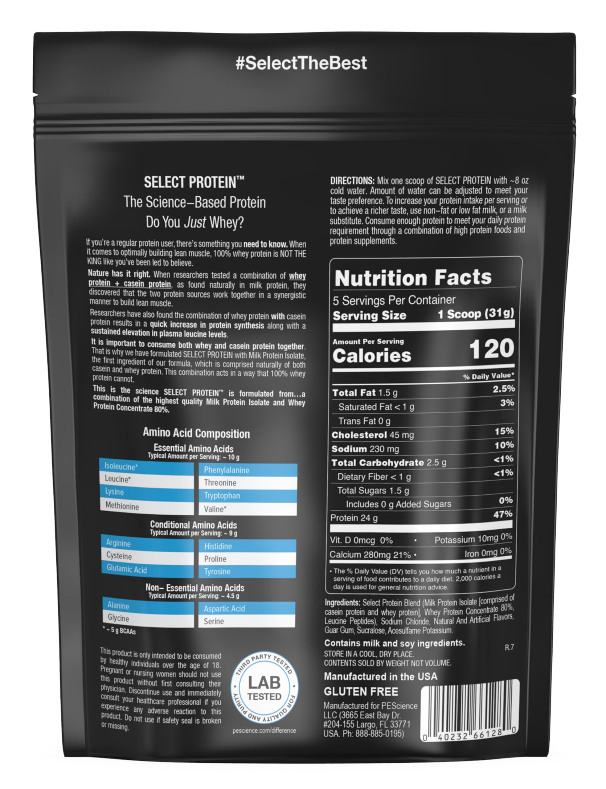 PEScience Select Protein, libre de gluten, apta para dietas.