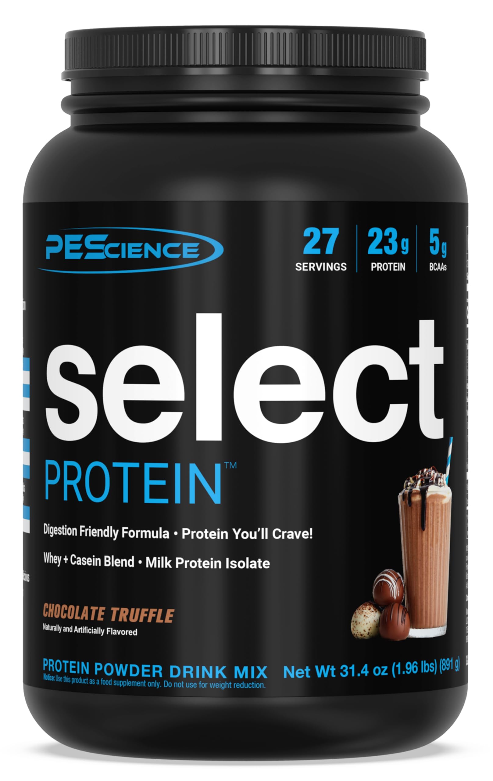 PEScience Select Protein en pote chocolate trufa, sabor premium para recuperación muscular y saciedad.