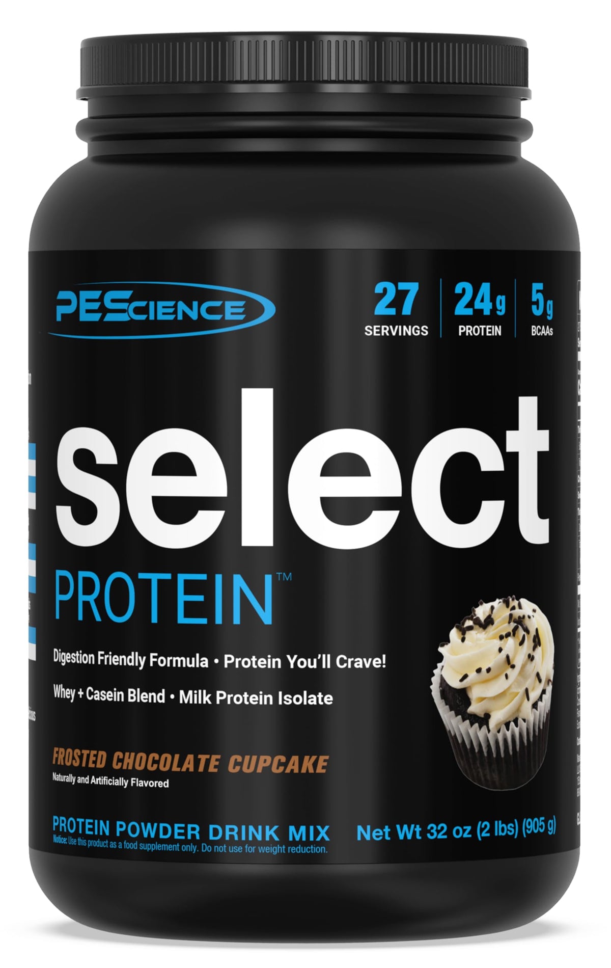 PEScience Select, empaque frontal de polvo de proteína, ideal para entrenamientos.