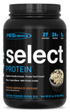 PEScience Select, empaque frontal de polvo de proteína, ideal para entrenamientos.