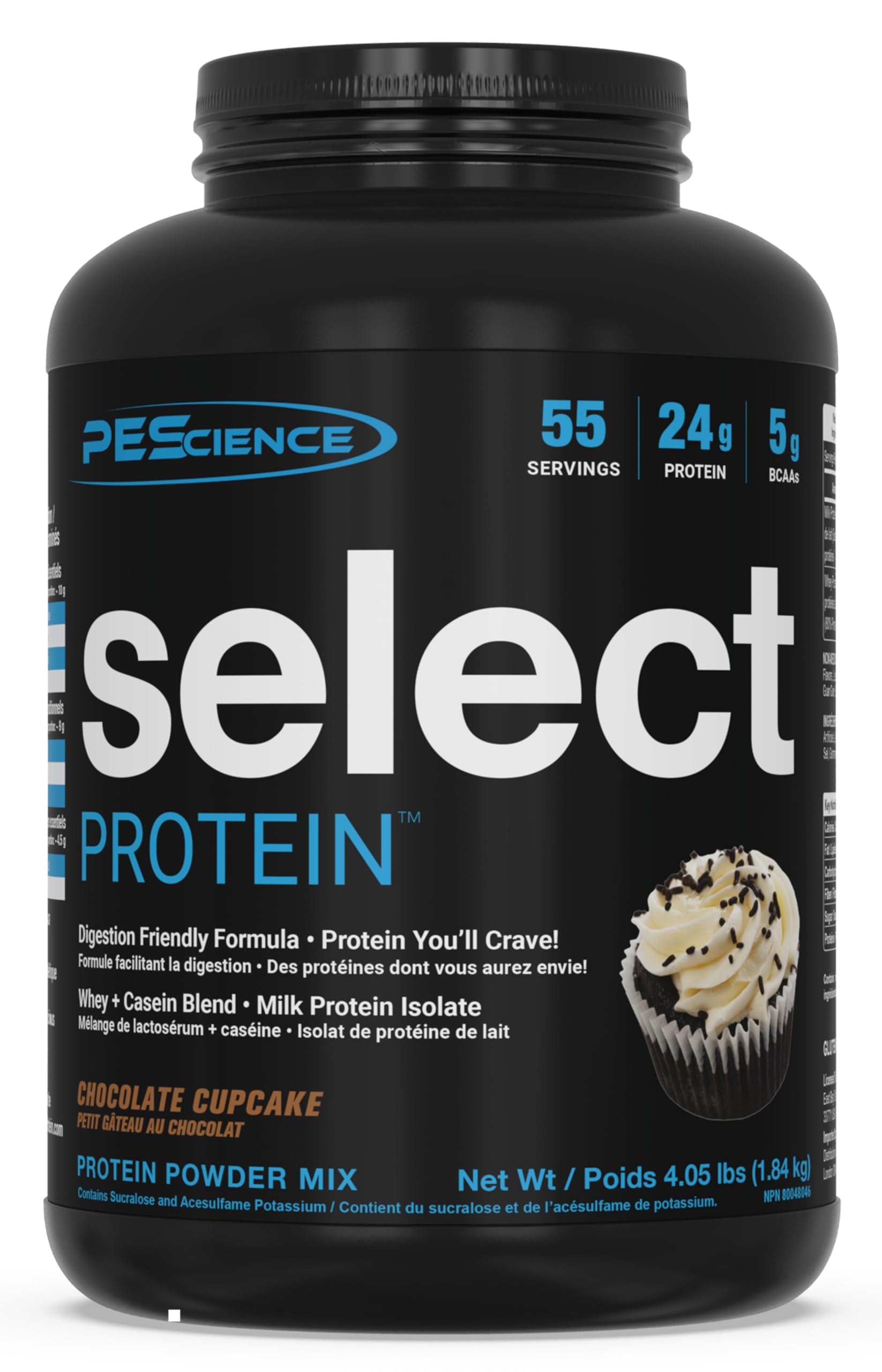PEScience Select Protein Powder envase frontal, sabor agradable para batidos proteicos.