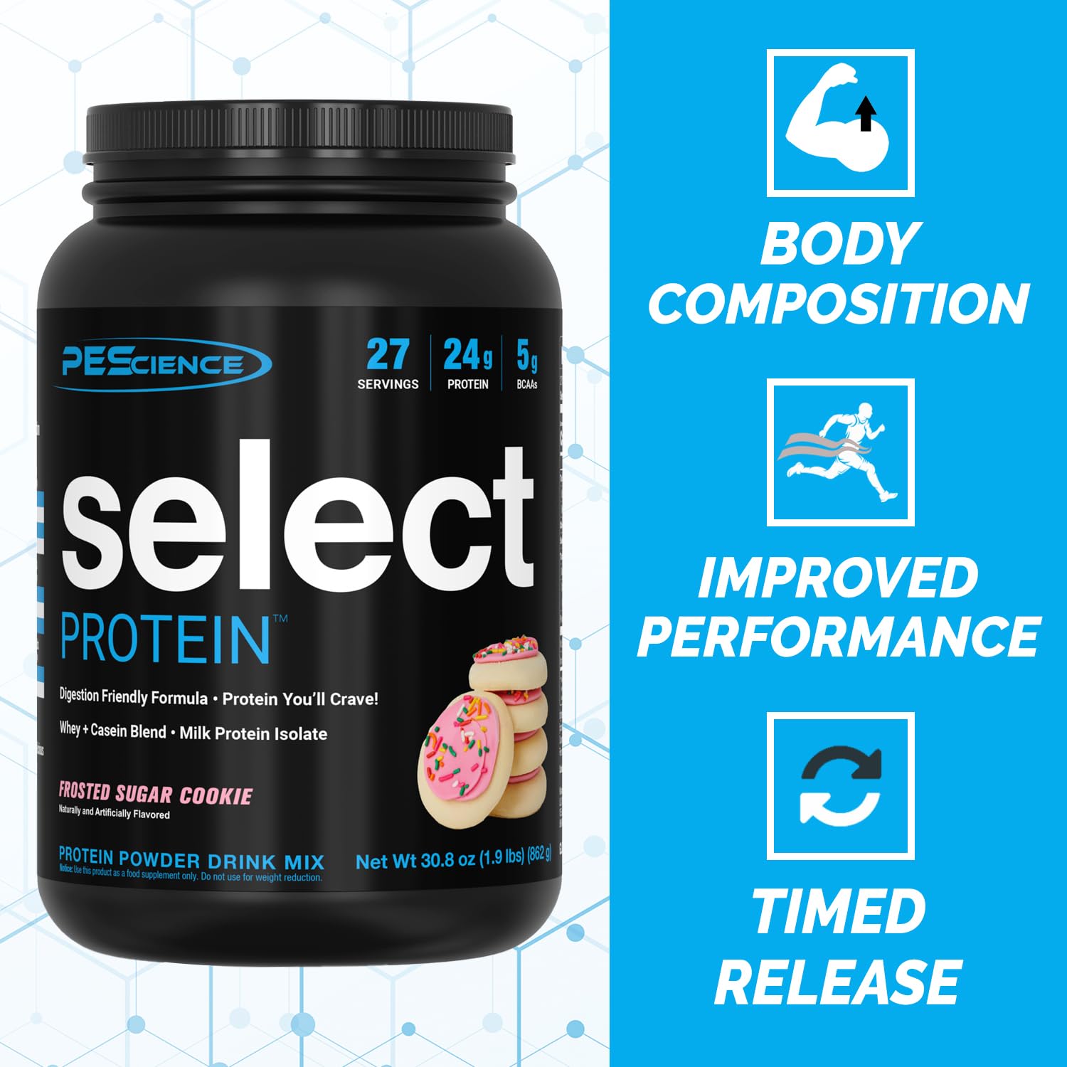 Sabor galleta azucarada glaseada de PEScience Select Protein Powder, fácil de mezclar