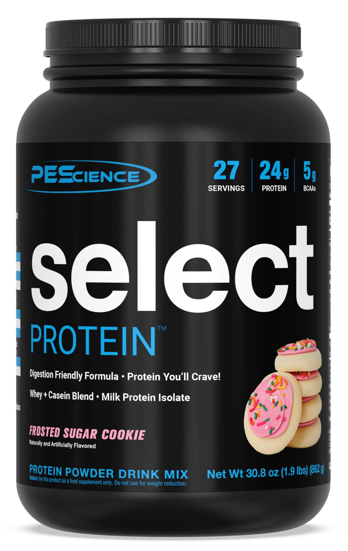 PEScience Select Protein Powder en una taza con leche para batido sabroso