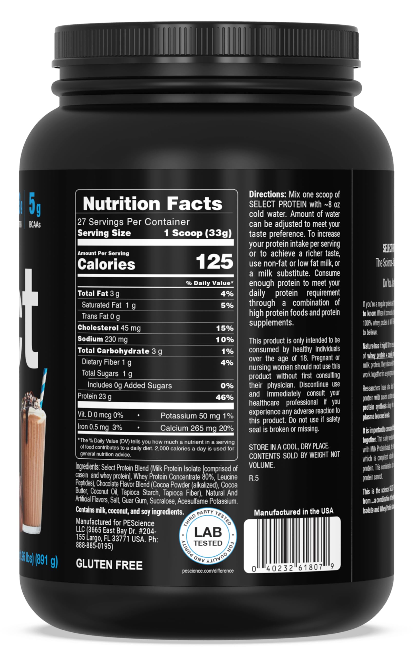 PEScience Select Protein, etiqueta sin gluten, apto para personas sensibles al gluten.