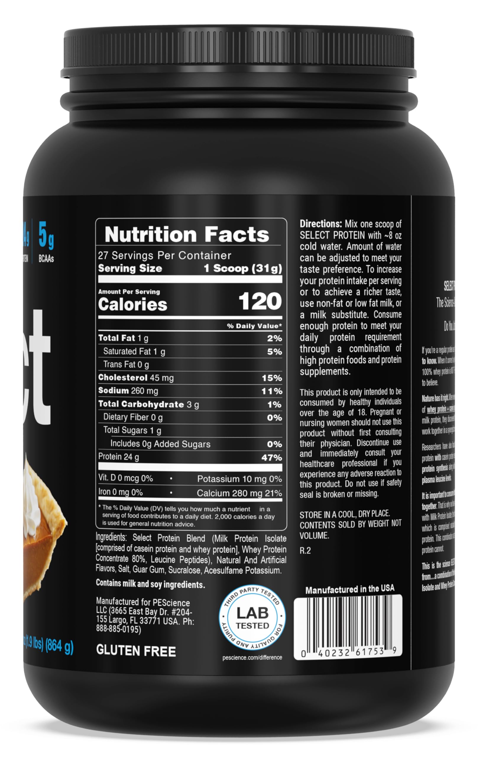 PEScience Select Protein en tarro con medidor, dosificación precisa para cada porción.