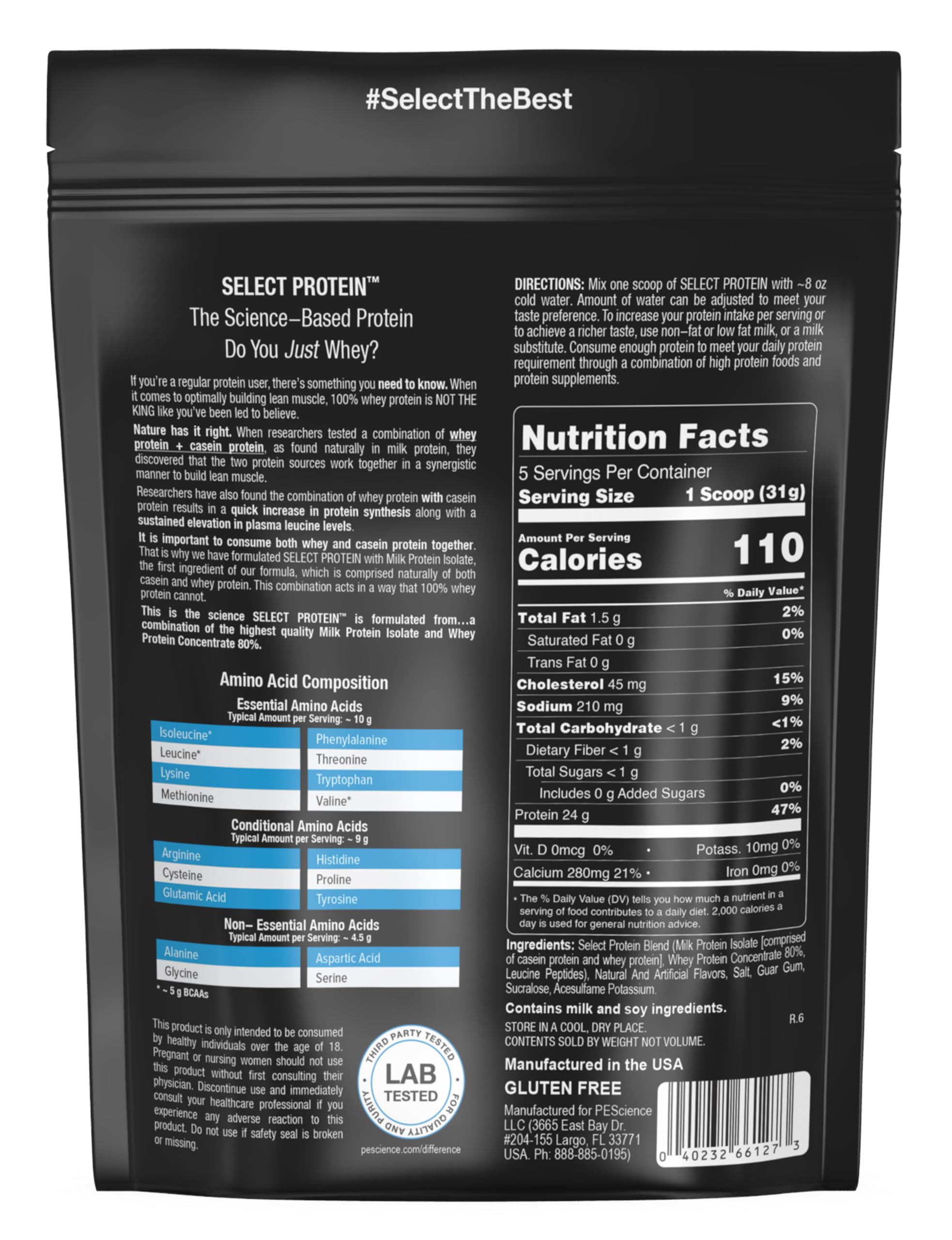 PEScience Select Proteína, etiqueta de calidad con pruebas independientes.