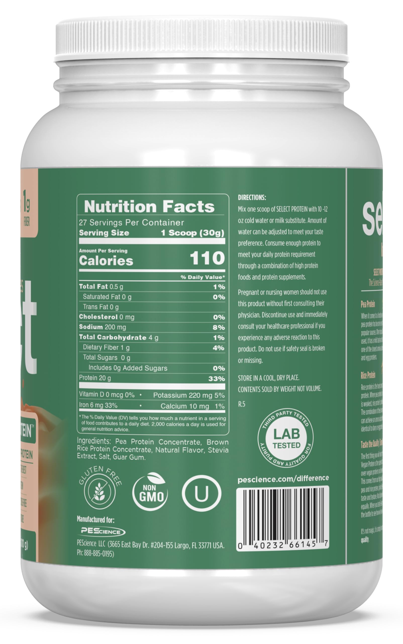 PEScience Select Vegan Protein Powder, probado por terceros para pureza y calidad.
