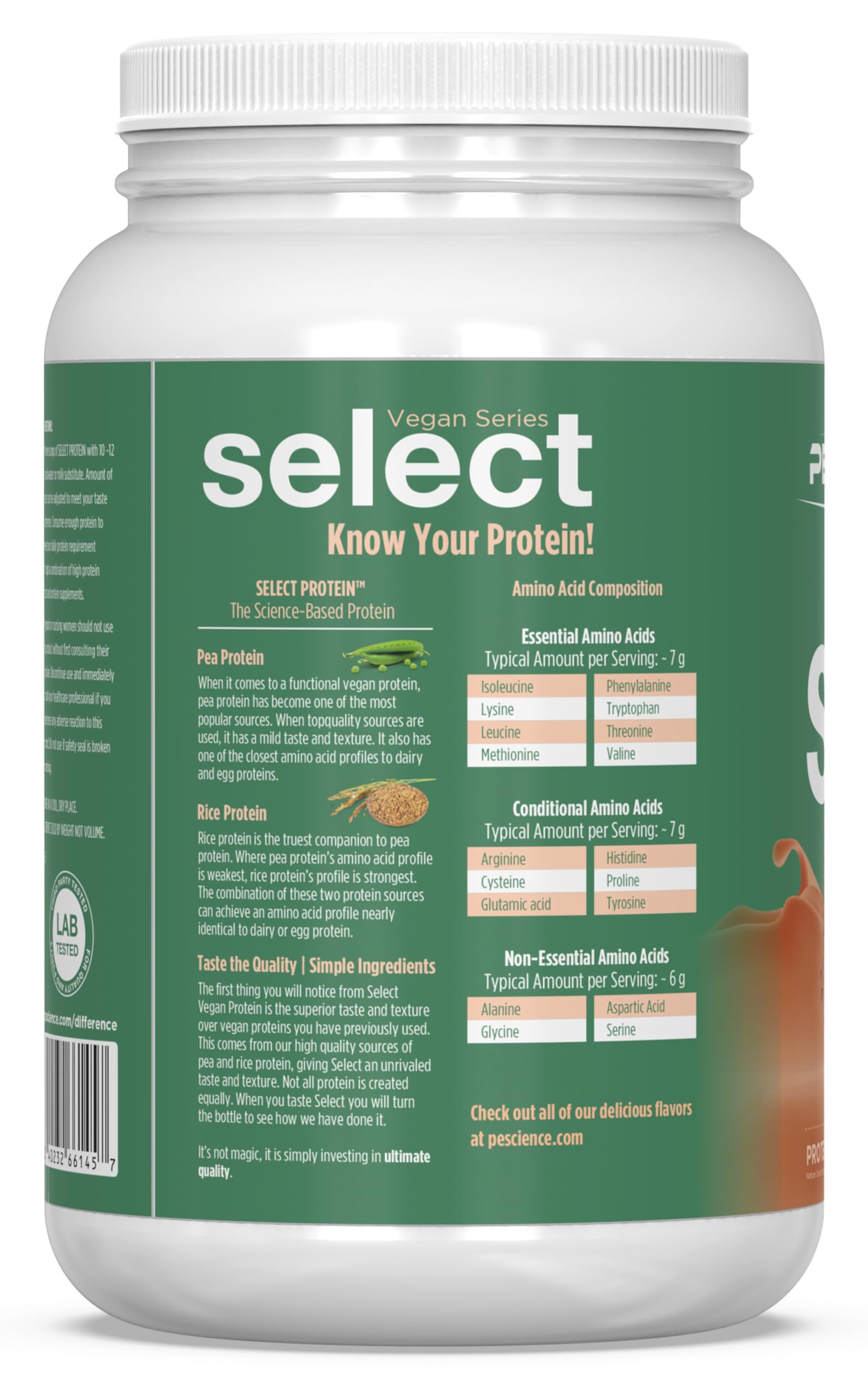 PEScience Select Vegan Protein Powder, apto para deportistas que requieren proteína de calidad.