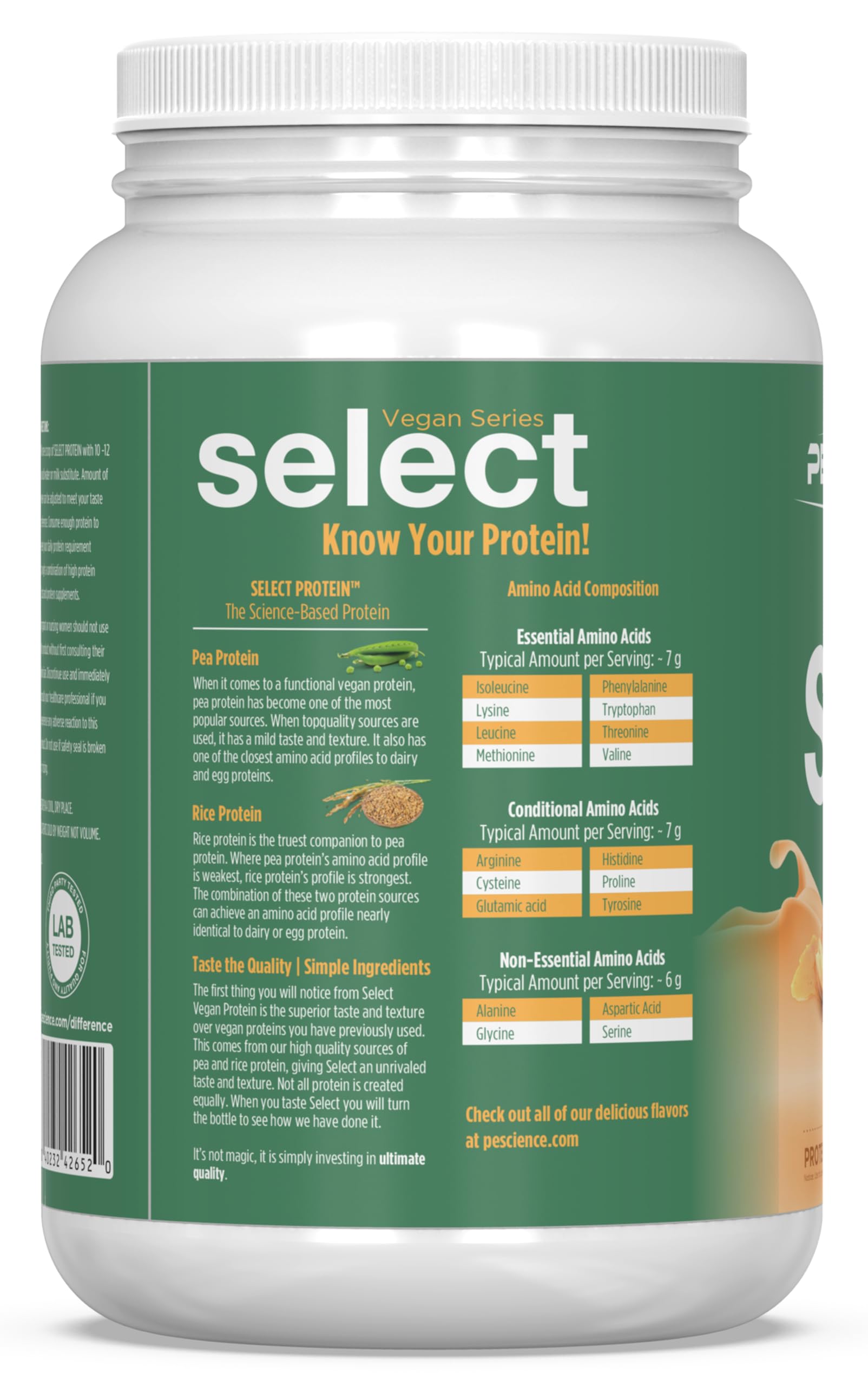PEScience Select Vegan Protein, batido post-entrenamiento rápido y saciante para recuperación.