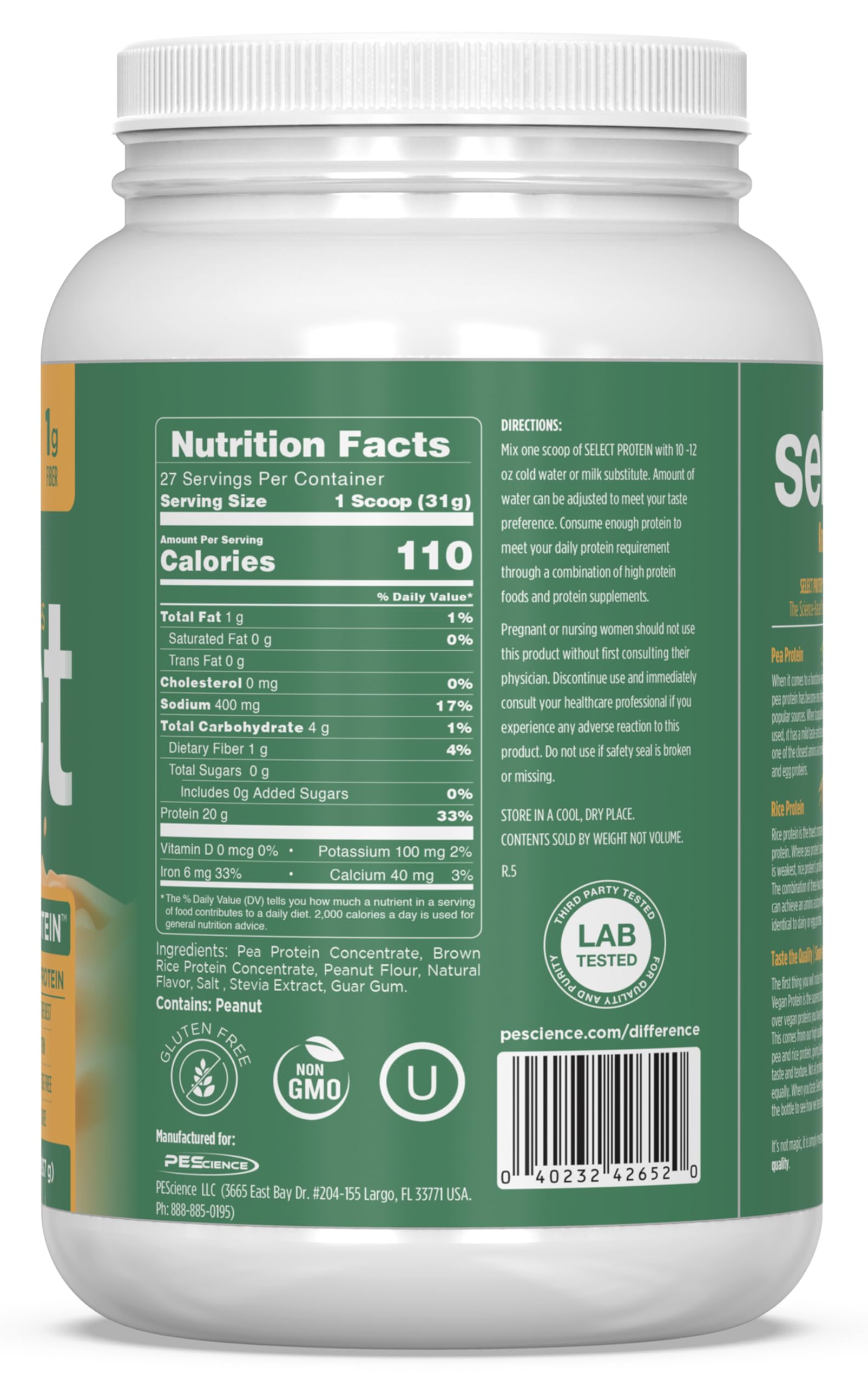 PEScience Select Vegan Protein, fabricado en Estados Unidos desde 2010 con rigor de calidad.