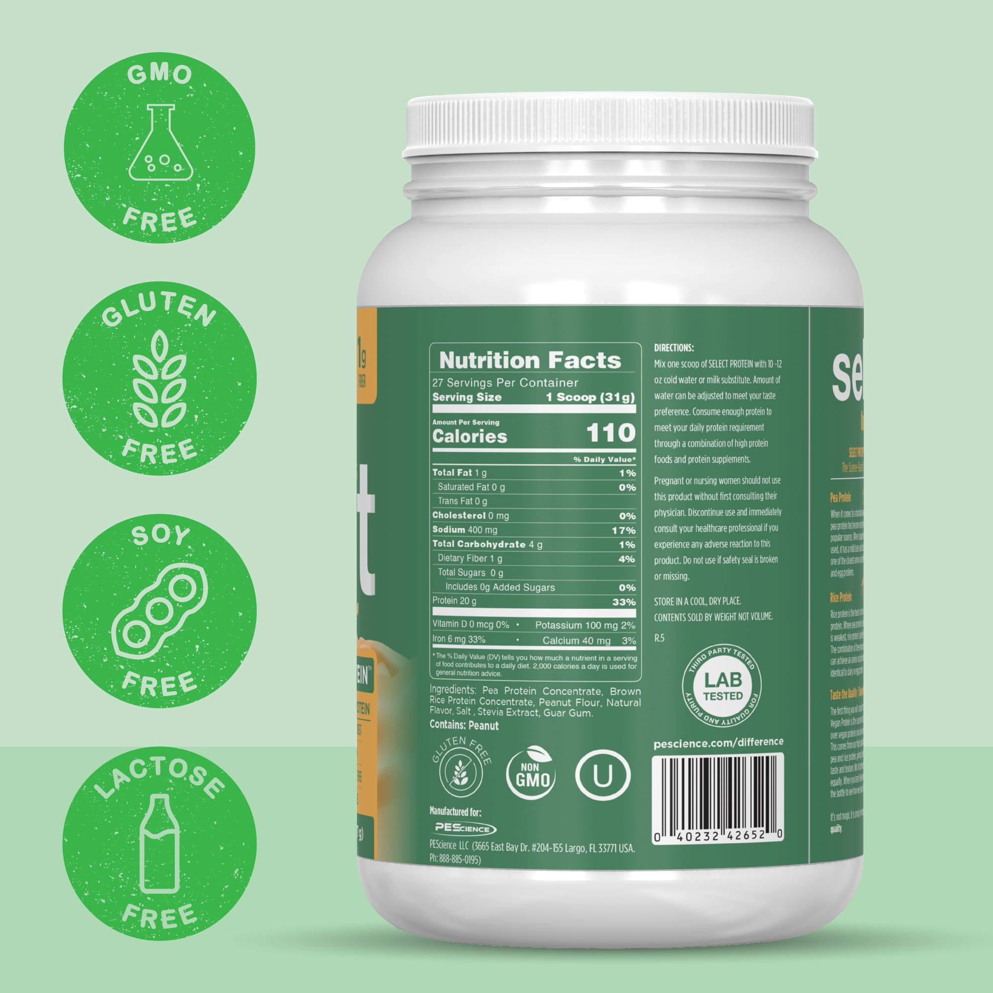 PEScience Select Vegan Protein, pruebas de terceros para pureza y calidad del producto.