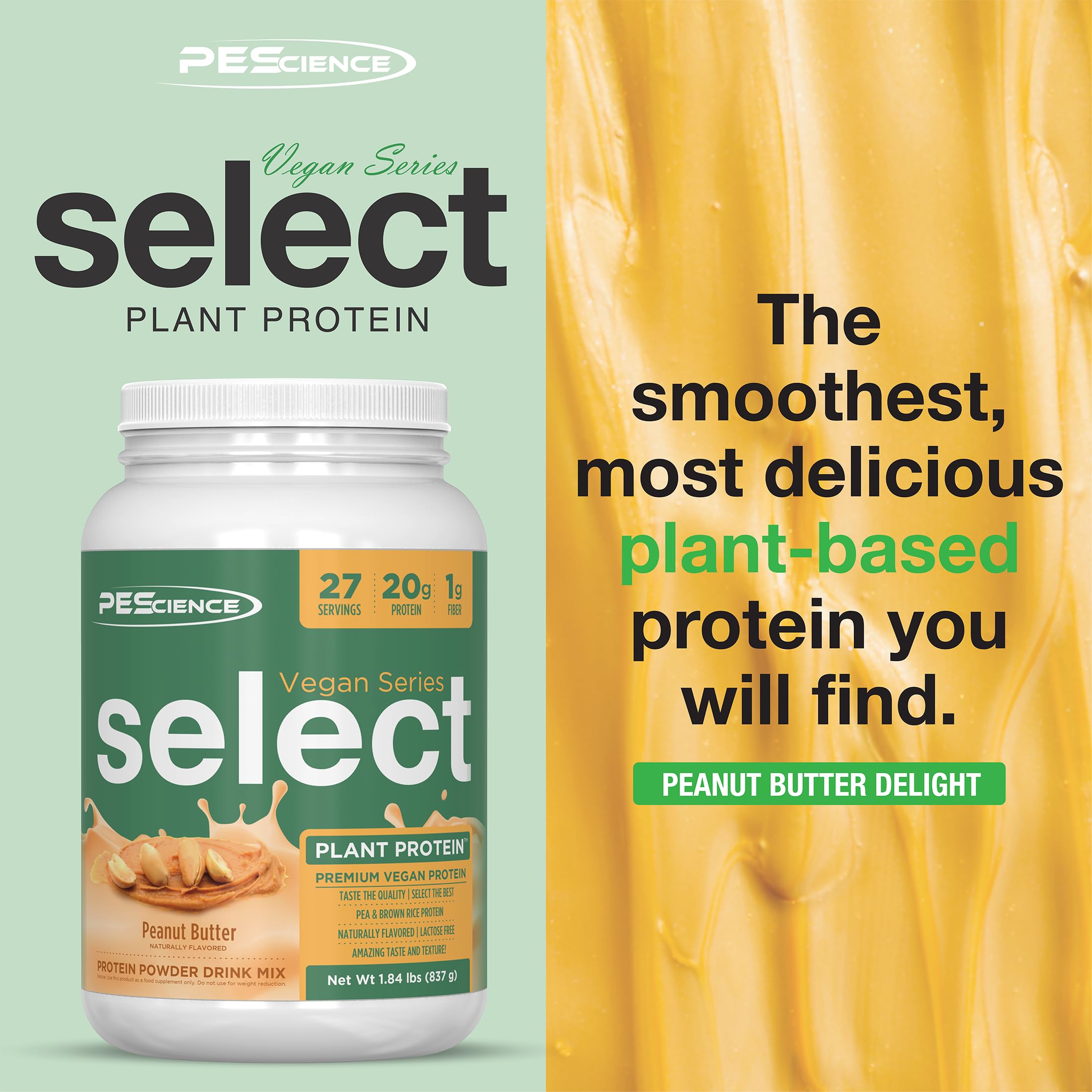 PEScience Select Vegan Protein, libre de gluten, lactosa y soja para dietas diversas.