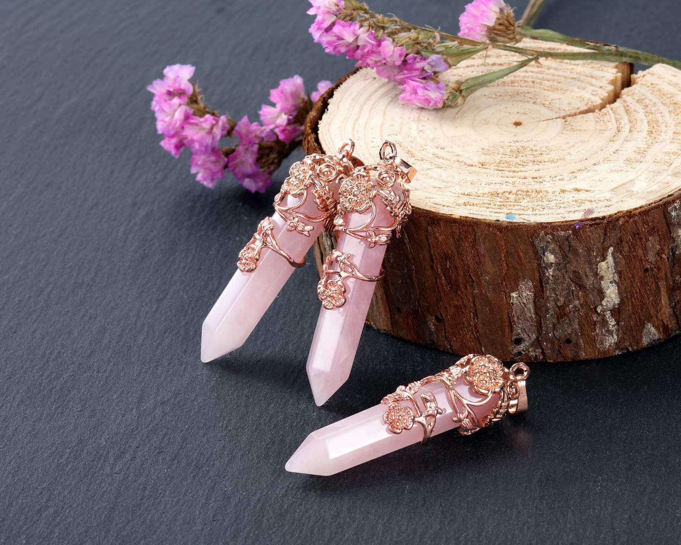 PESOENTH punta de cuarzo rosa hexagonal brillando con facetado