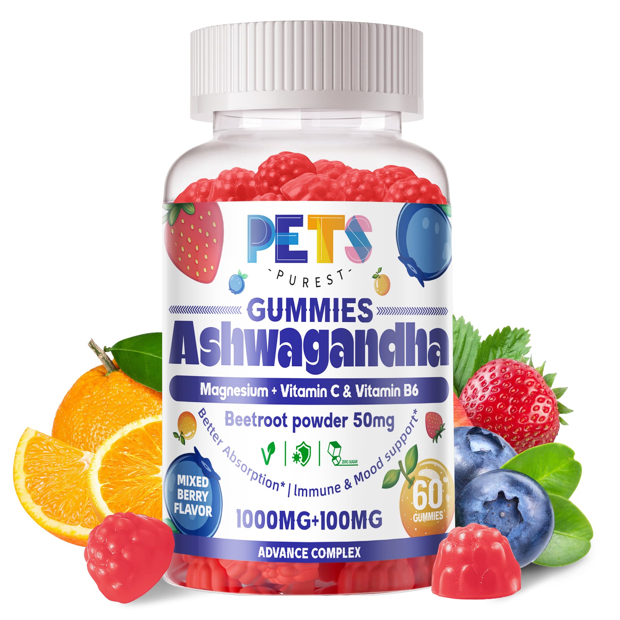 Gomitas de Ashwaganda de Pets Purest, envase práctico para uso diario