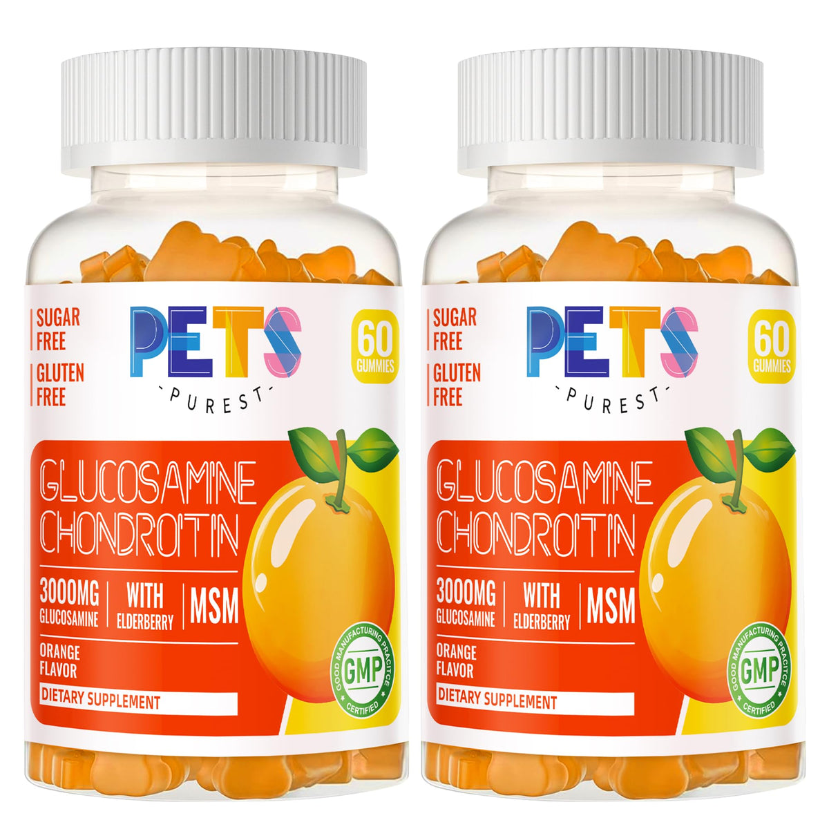 Gomitas Pets Purest Glucosamina con sabor naranja en envase, para apoyo diario de articulaciones
