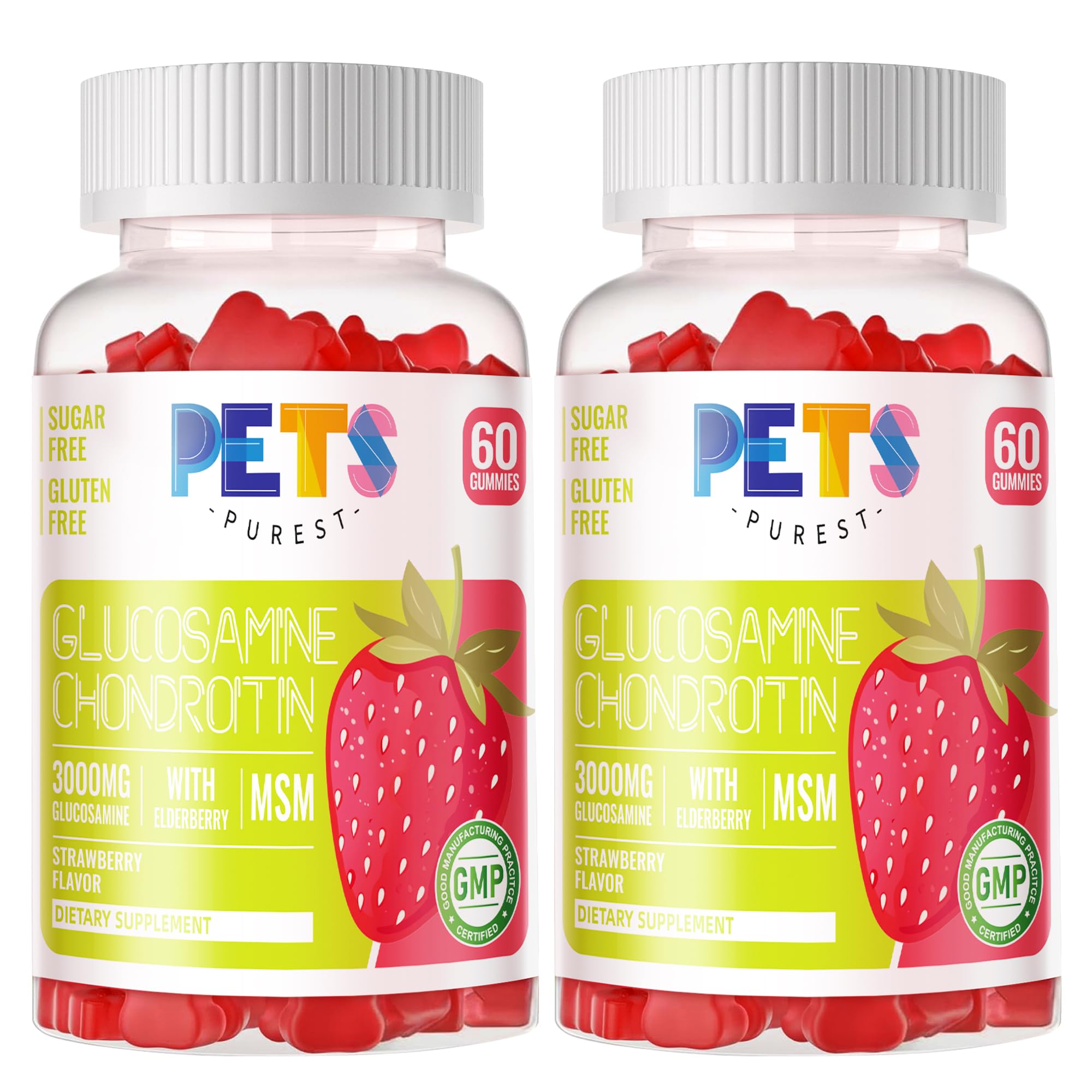 Pets Purest gomitas sabor fresa, empaque frontal, apoyo a articulaciones y movilidad