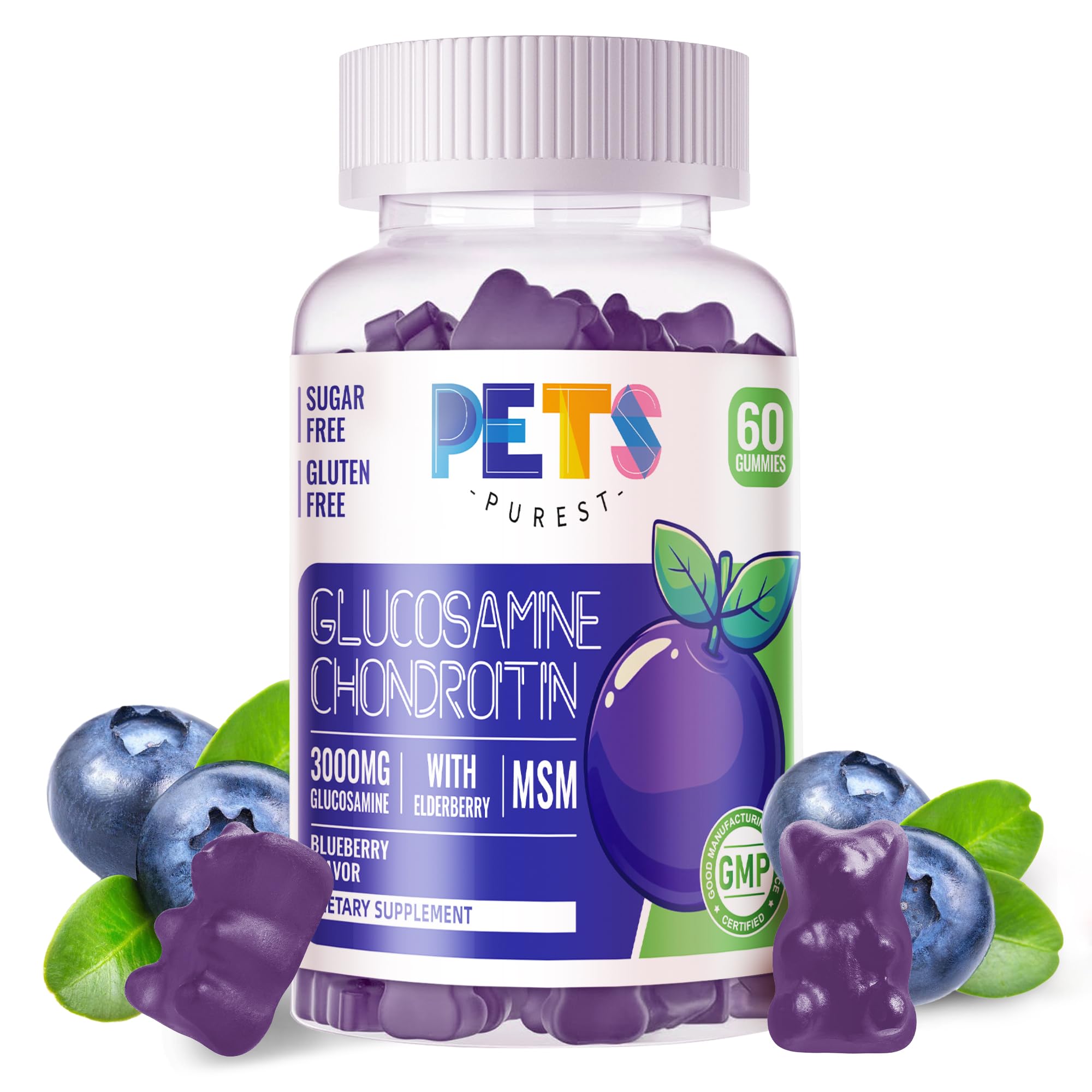 Gomitas Pets Purest con glucosamina condroitina MSM sabor arándano y sauco, apoyo a la movilidad