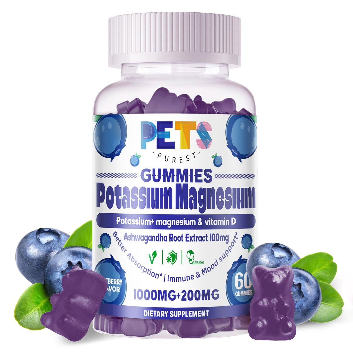 Gomitas Potasio y Magnesio de Pets Purest: botella visible para energía diaria