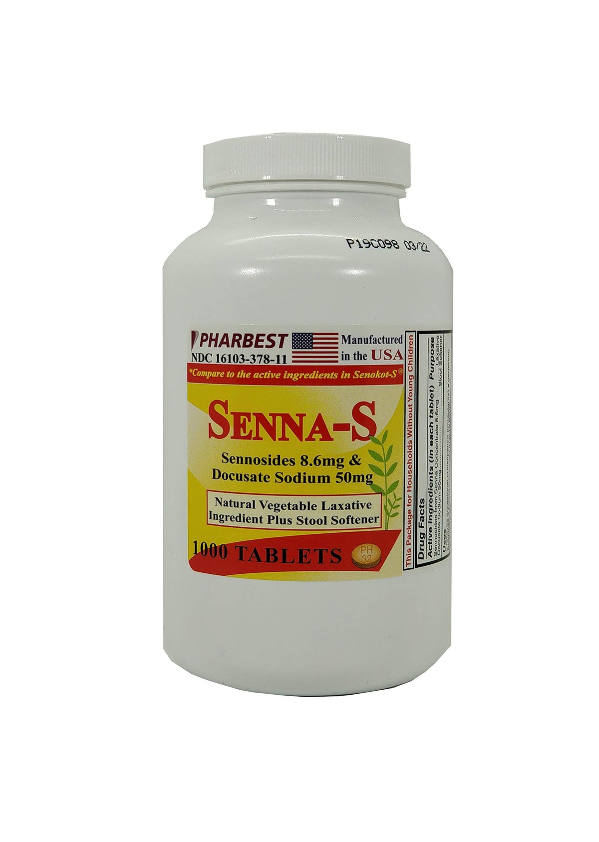 PHARBEST Senna Plus, bote de 1000 tabletas, opción suave para estreñimiento ocasional.