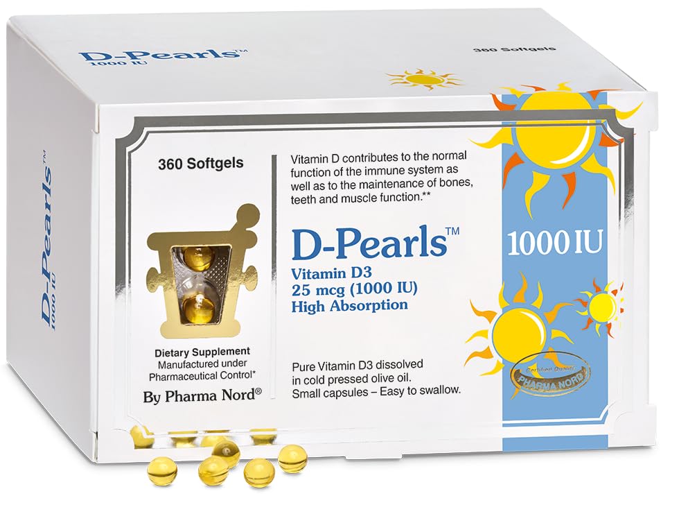 Pharma Nord D-Pearl cápsulas pequeñas fáciles de tragar para uso diario.