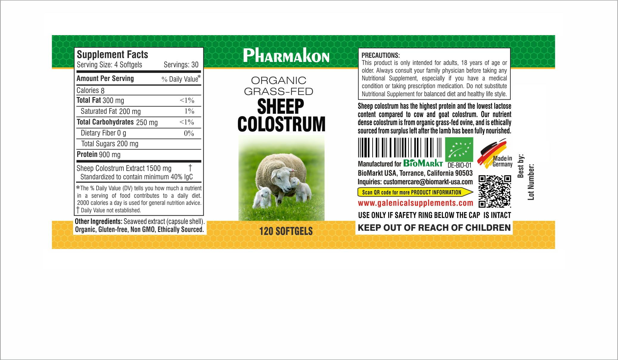 PHARMAKON Colostro Ovino Orgánico, etiqueta clara que resalta ingredientes sostenibles para una compra consciente.