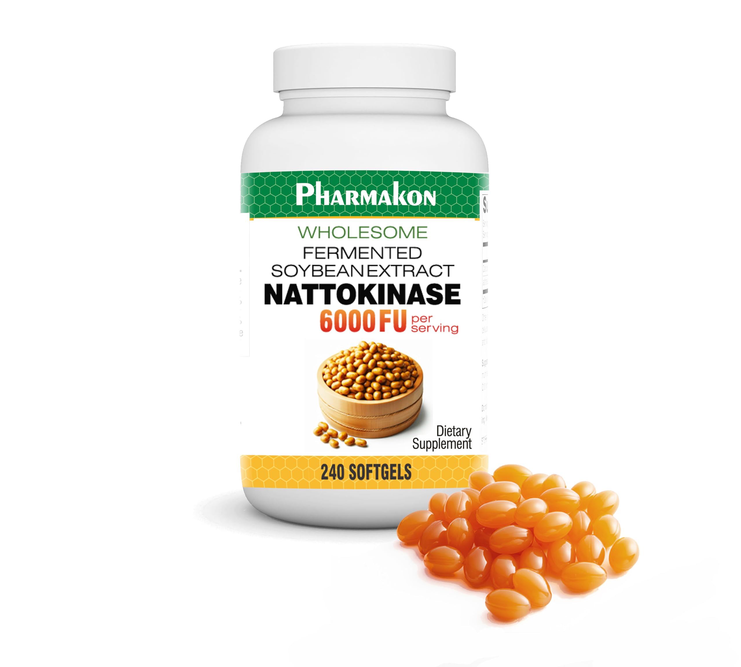 PHARMAKON nattokinase, botella vertiendo, apoyo potencial a la salud circulatoria diaria.