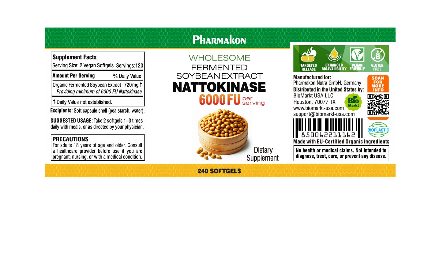 PHARMAKON nattokinase, etiqueta orgánica, ingrediente clave para una dieta consciente.