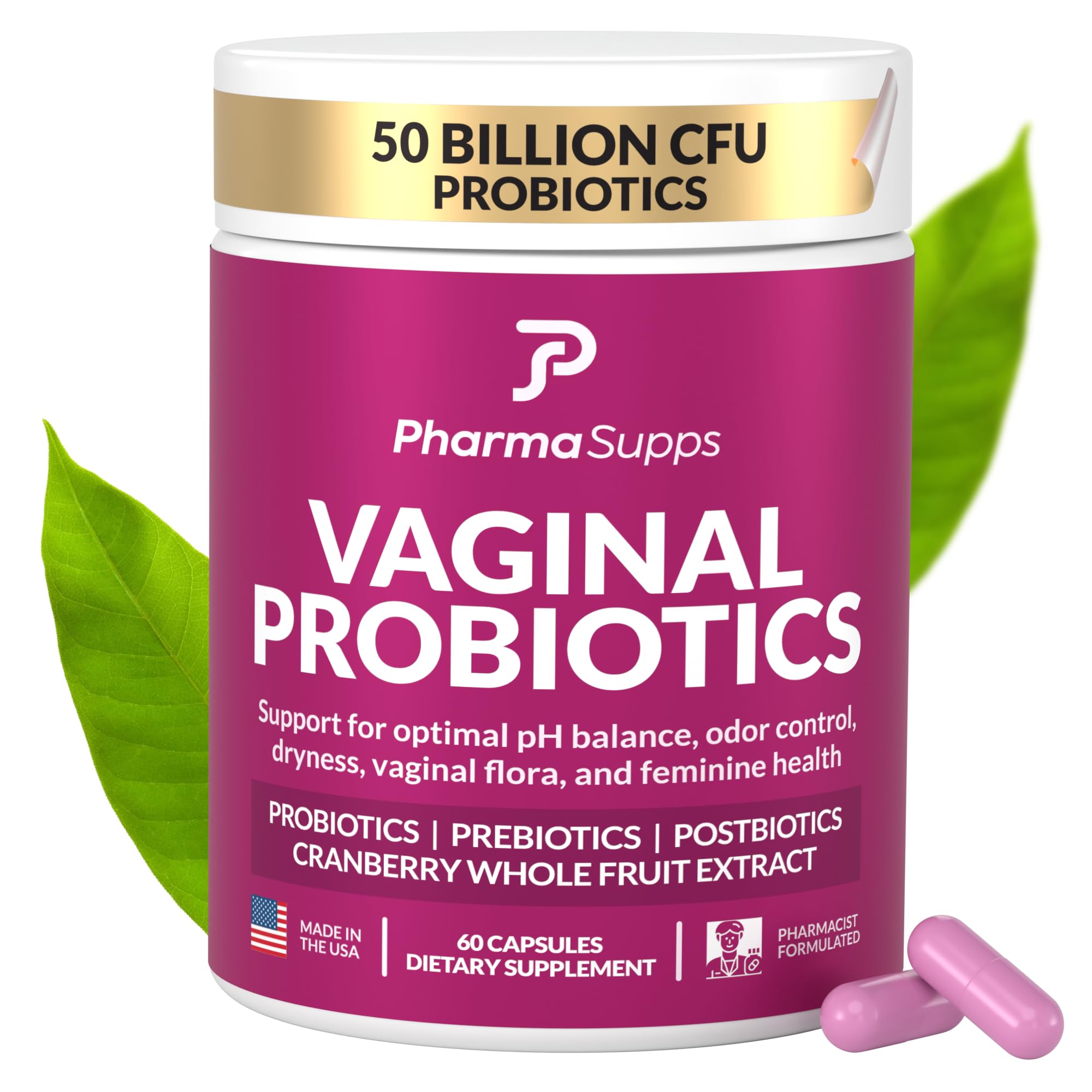 PharmaSupps probiótico femenino: bote de cápsulas para equilibrio vaginal y frescura diaria.