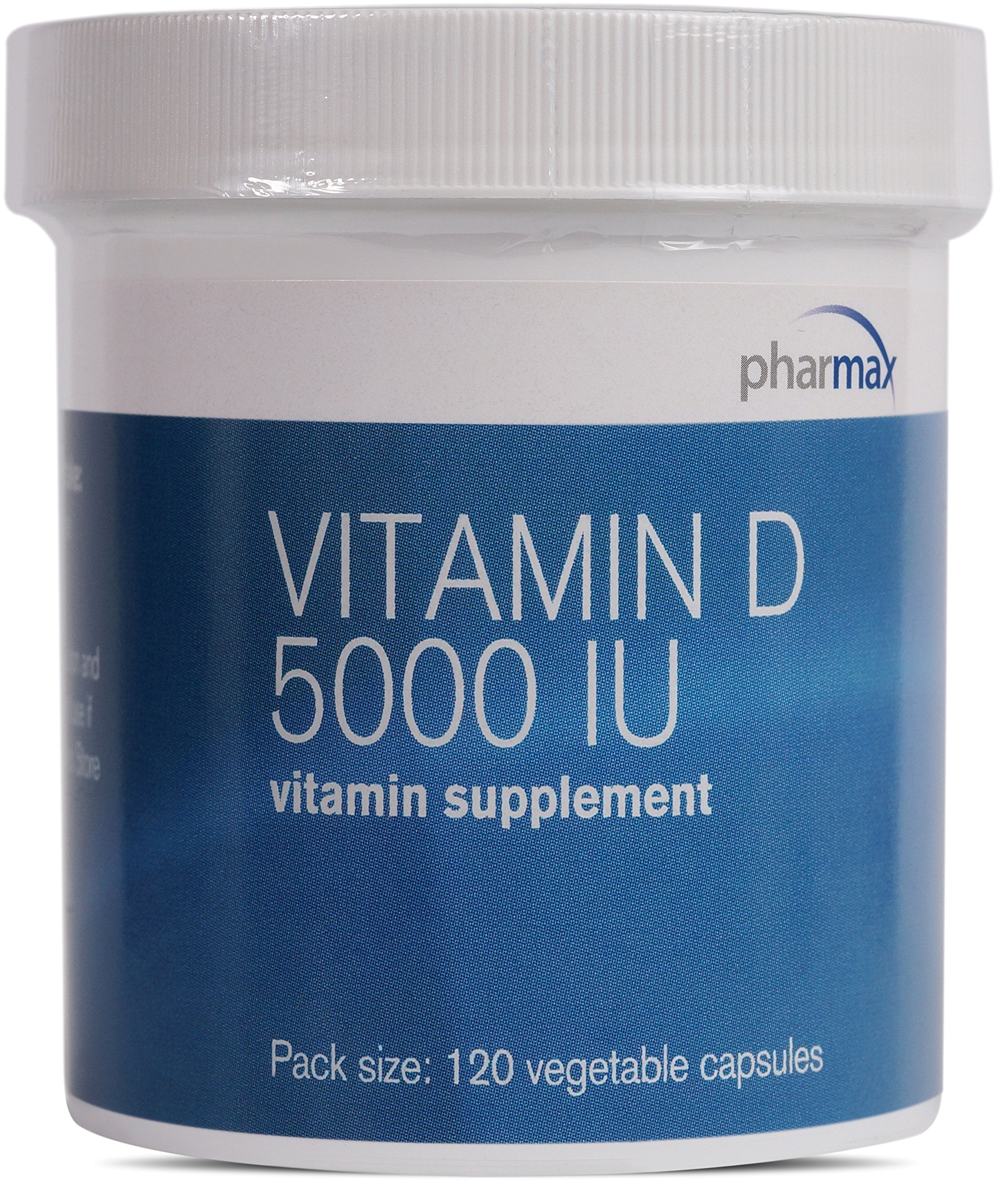 Pharmax Vitamina D 5000 UI: botella y etiqueta, apoyo potencial para huesos sanos.