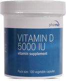 Pharmax Vitamina D 5000 UI: botella y etiqueta, apoyo potencial para huesos sanos.