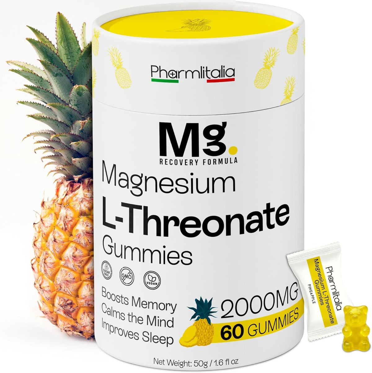 Pharmlitalia Gominolas Magnesio L‑Treonato en botella para claridad mental.