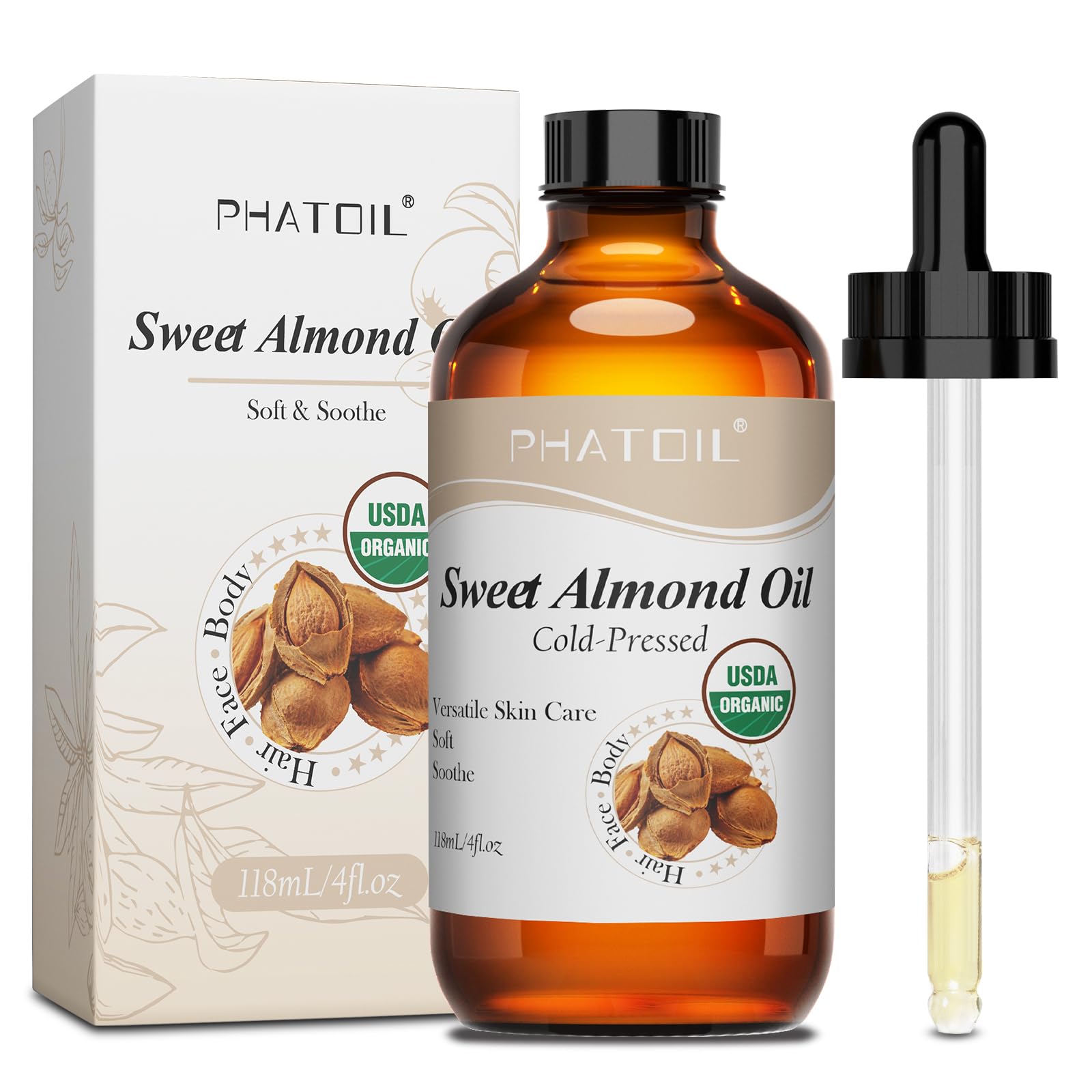 PHATOIL Aceite de almendra dulce prensado en frío en bote de 118 ml para hidratación suave de la piel