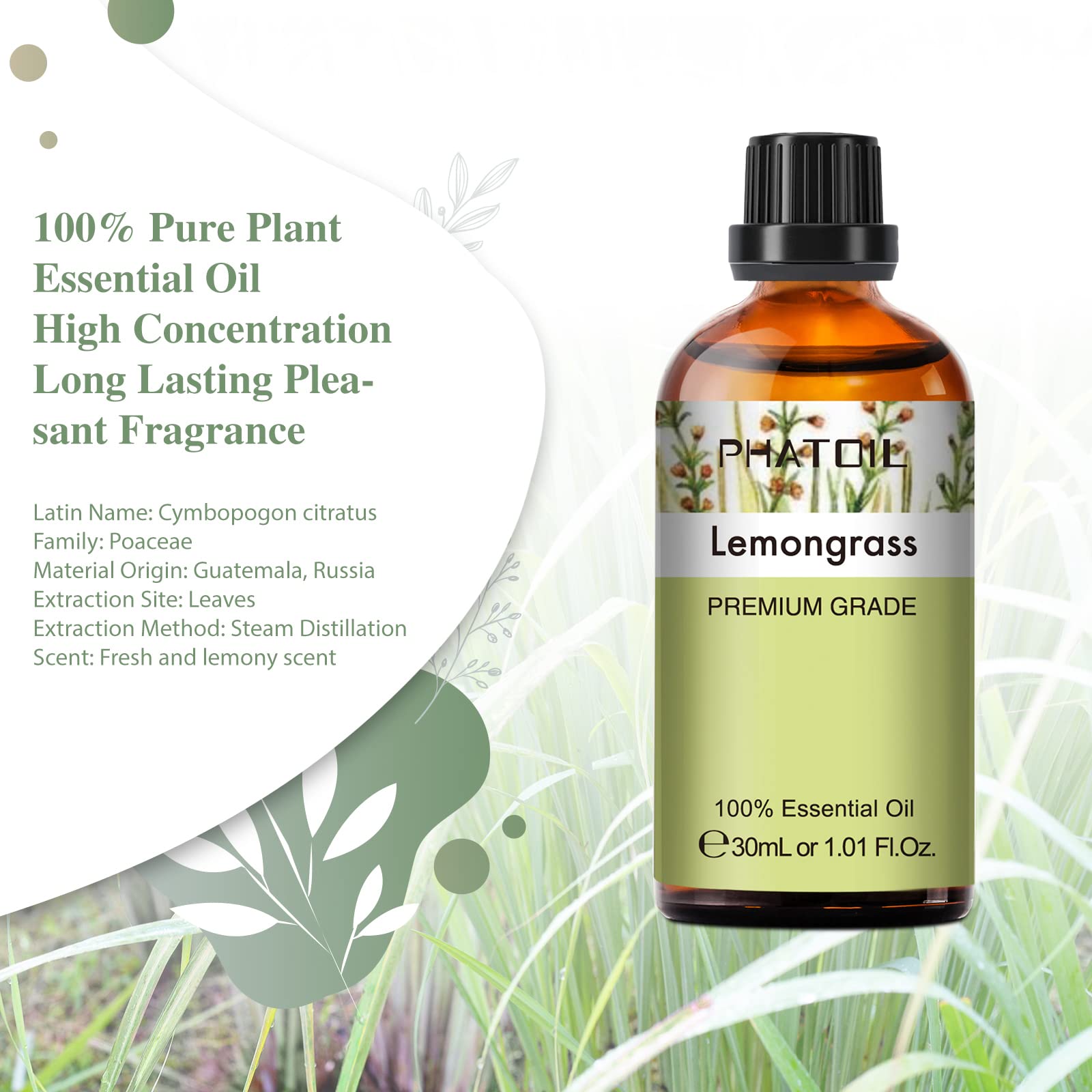 PHATOIL citronela, aceite esencial puro para uso aromático seguro.