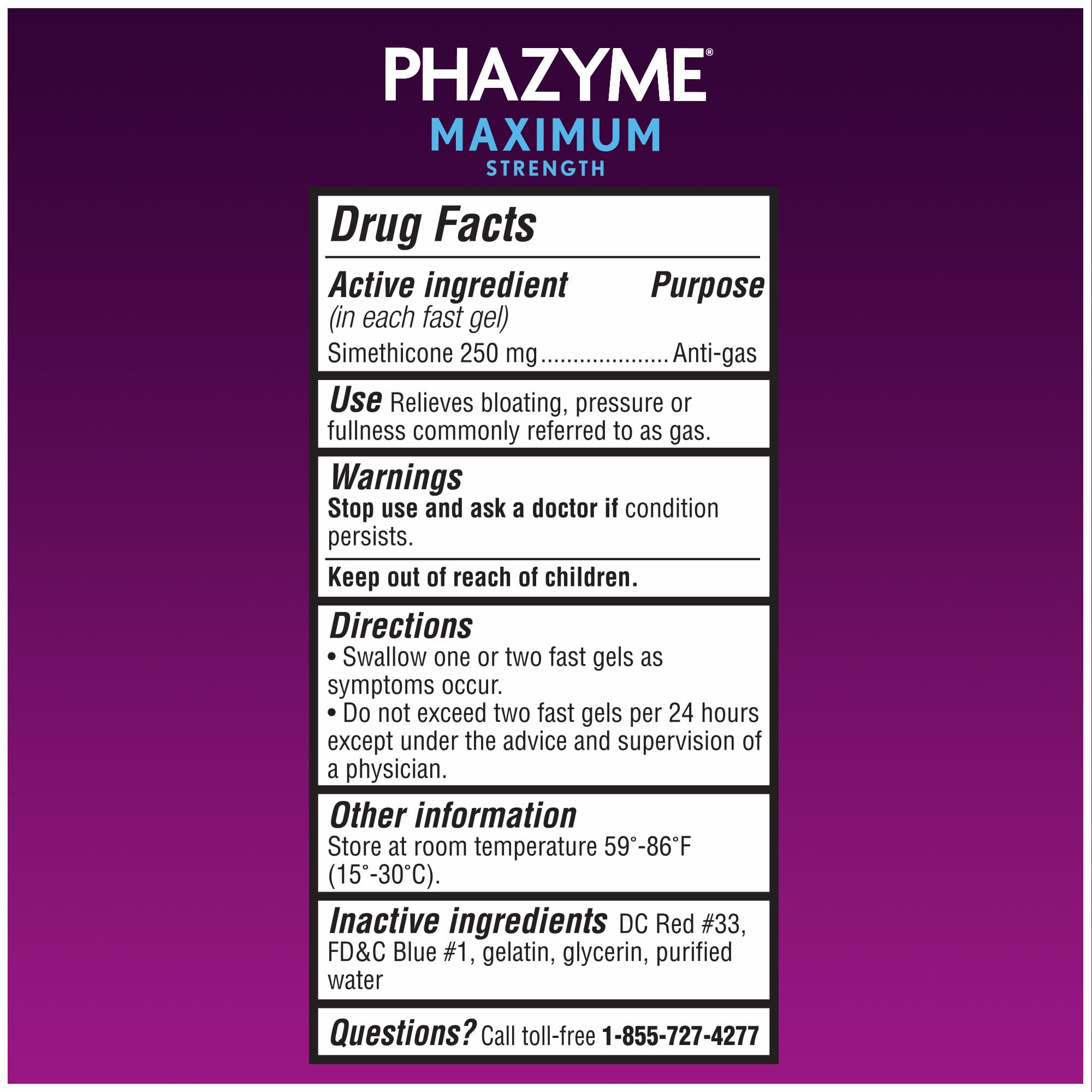 Etiqueta clara de Phazyme para alivio de gases en cualquier momento.