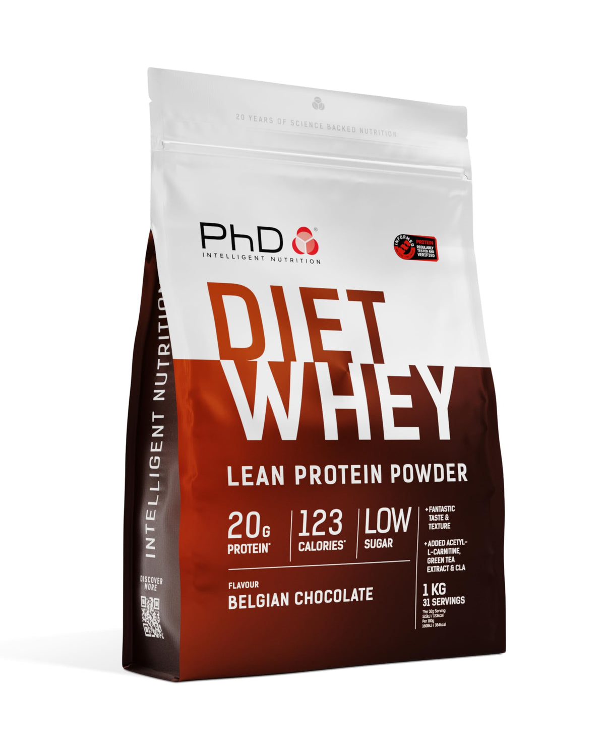 PhD Diet Whey 1kg chocolate belga en envase, proteína de liberación lenta