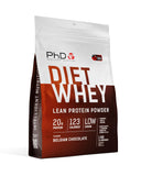 PhD Diet Whey 1kg chocolate belga en envase, proteína de liberación lenta