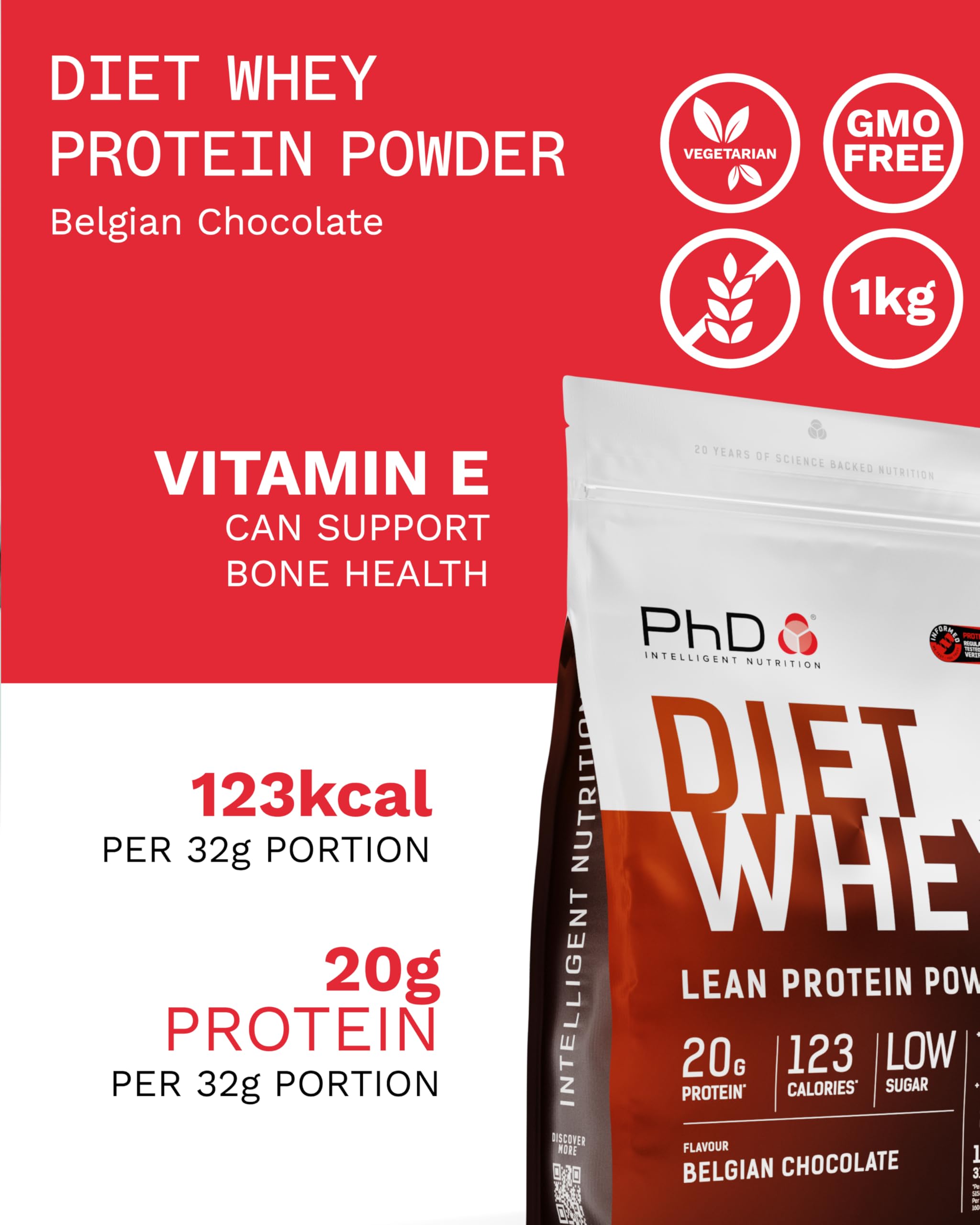 Vaso con batido de PhD Diet Whey sabor chocolate belga