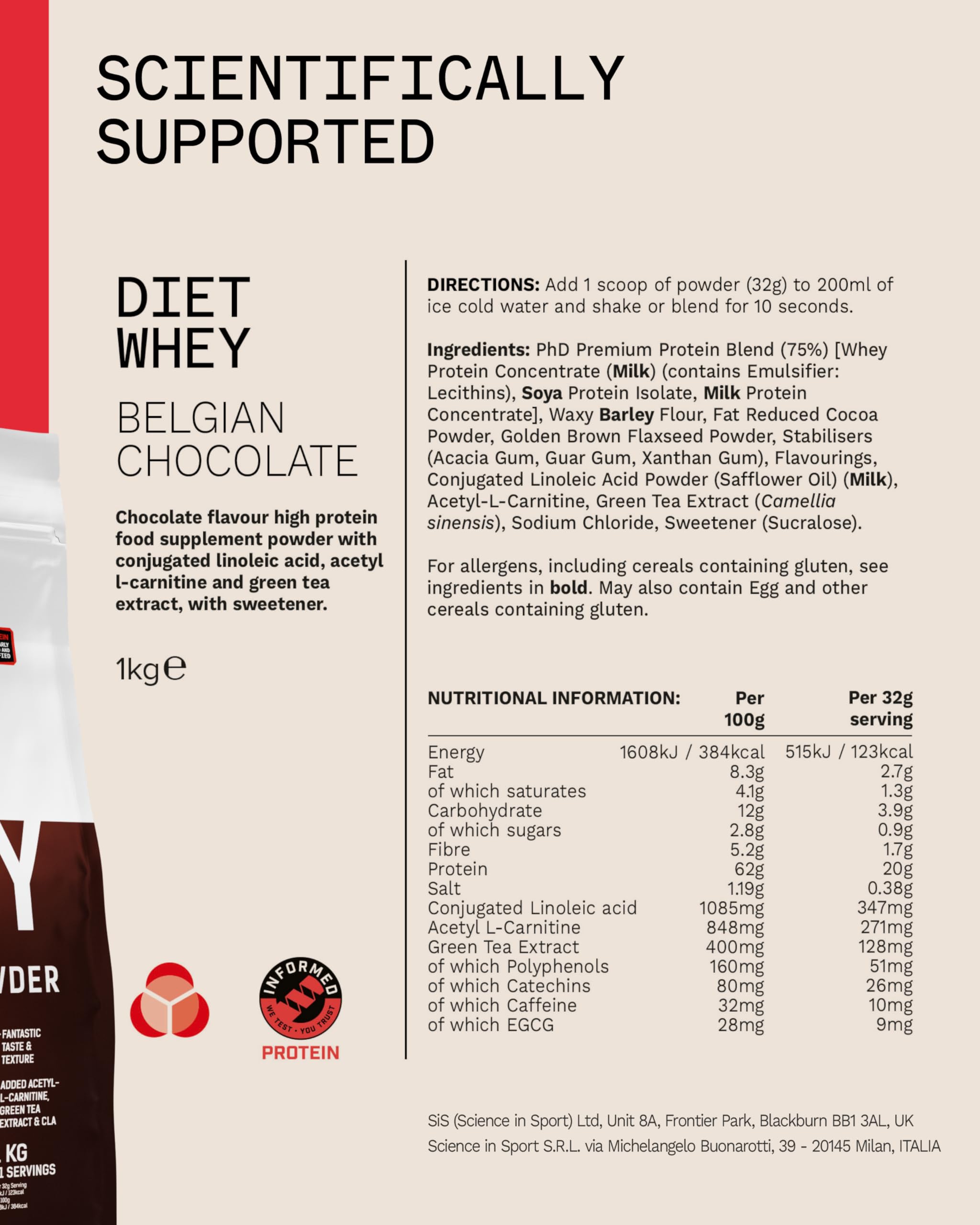 Etiqueta nutricional de PhD Diet Whey sin azúcares añadidos