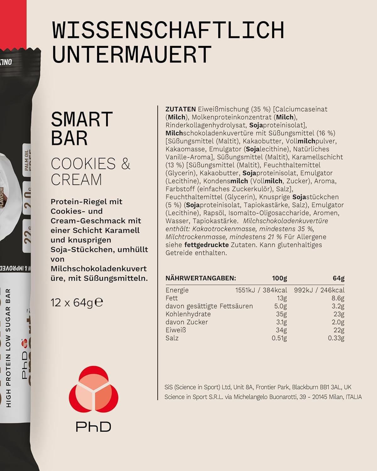 PhD Smart Bar core proteico, aporta proteína para músculos y reparación.