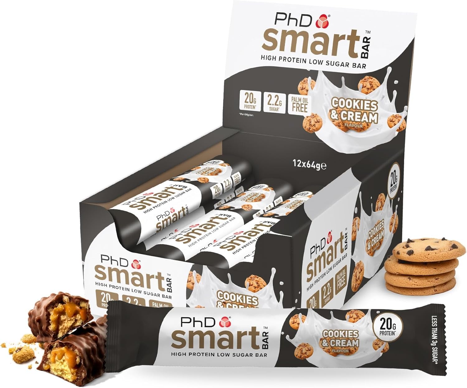 PhD Smart Bar empaque crujiente, snack práctico para recuperar energía durante el día.
