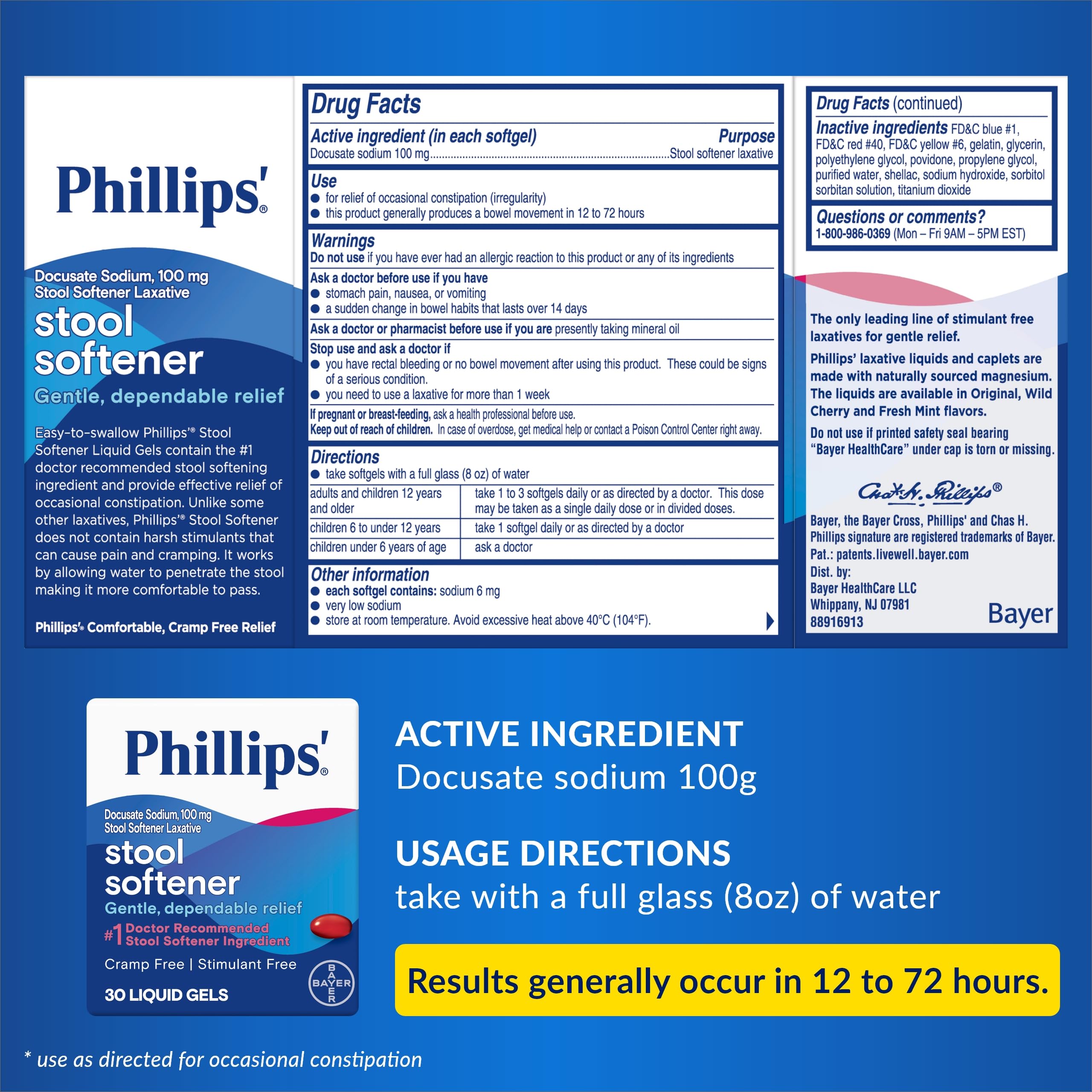 Phillips' ablandador de heces gel líquido en caja, fácil de manejar.